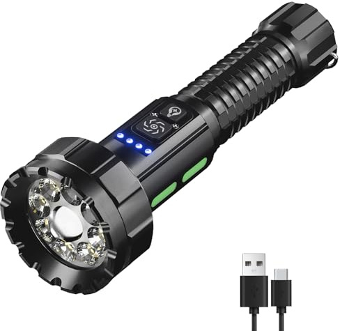 Sogdeco Torch Rechargeable, 9 LED Super Bright Torches with COB Camping Light, Adjustable Focus, 11 Modes, 5000mAh Long Lasting, Waterproof Bidirectional Lighting Powerful Flashlight for Home Camping