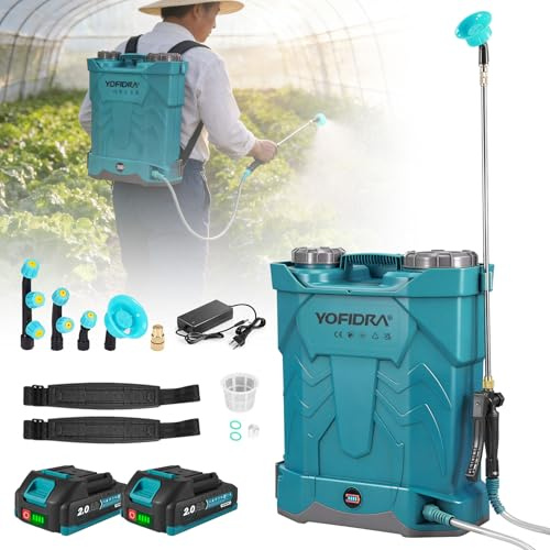 Yofidra 20L sladdlös tryckspruta, sladdlös ryggspruta med 2x2,0Ah batterier, 100 PSI tryckspruta, omrörningsfunktion, 5 munstycken och teleskopstång, för trädgård, sprutning och rengöring