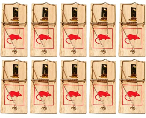 Juego de 10 Trampas para Ratas de Madera Natural (9,8 x 4,8 cm) – Trampas de Resorte Eficaces para Hogar y Jardín – Control de Roedores Reutilizable y Sin Veneno – Potentes Trampas para Ratones y Alte