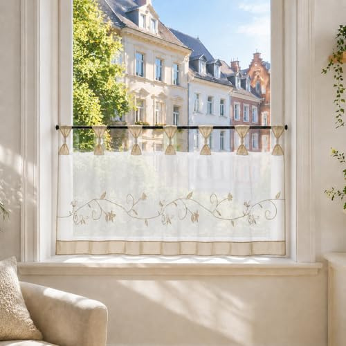 Joyswahl Scheibengardine Voile Bistrogardine Selina mit Blumen-Stickerei Muster Transparente Gardine HxB 45x120cm Sand 1er Pack