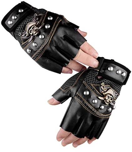 Faxianther Men Women Cool Skull Rivets PU Leather Half Finger Gloves Breathable Mesh Anti-Slip Cycling Riding Driving Motorcycle Biker Gloves Mittens