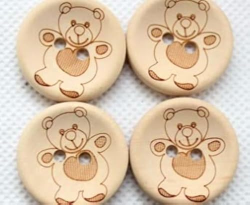 12 wunderschöne Holzknöpfe rund natur mit Teddy-Aufdruck- 25mm 2 Löcher zum aufnähen annähen DIY Handarbeit Scrapbooking für Kinderkleidung Jacken Mützen Strampler