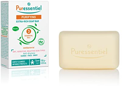 Puressentiel - Assainissant - Savon Pain Surgras aux 3 Huiles essentielles BIO - Visage, Mains et Corps - Peaux Sèches, Sensibles et Réactives - Nettoie et Protège - Antibactérien - 100 g