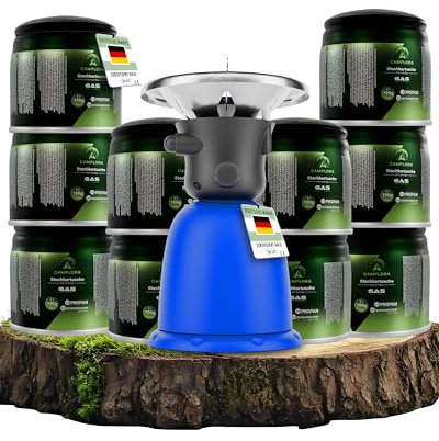 CAMPLORA Gaskocher mit 10 Gaskartuschen und Piezozündung für Stechgaskartuschen 190g EN417, Camping kocher gas, Campingkocher mit Gaskartusche 1 flammig mini gas stove, Gaskocher, Gasherd,stove