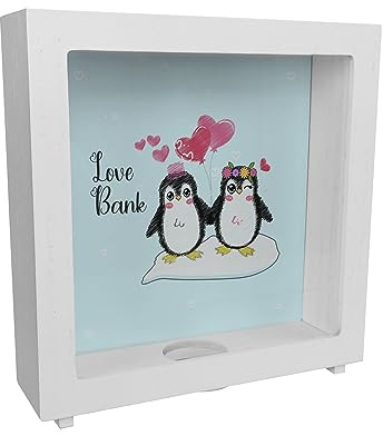 Pinguin Love Bank Rahmen Spardose aus Holz niedliches Pärchen Sparschwein zum Sparen auf einen gemeinsamen Traum zur Hochzeit Verlobung Flitterwochen Urlaub Ehering