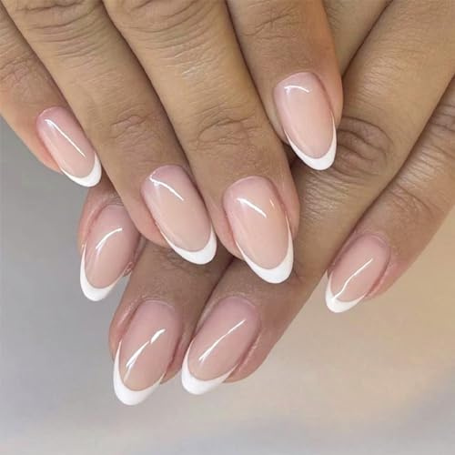 24pcs Short Oval False Nails French Tip Stick on Nails White Edge Nude Pink Press On Nail Removable Glue on Fake Nail Art Accessories for Women