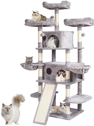 VEVOR Arbre à chat, 174 cm, tour d'escalade à chats avec griffoir en sisal, 2 niches, hamacs, perchoirs supérieurs, plates-formes de saut, rampe, balles suspendues, pour activité intérieur, gris clair