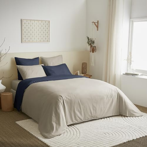 univers decor Pack Complet 6 pièces 260 x 240 cm Bicolore et réversible pour lit 2 Places 180 x 200 cm King Size 100% Coton / 57 Fils/cm² (Lin/Marine, Pack 6 pièces 260 x 240 lit 180 x 200 cm)