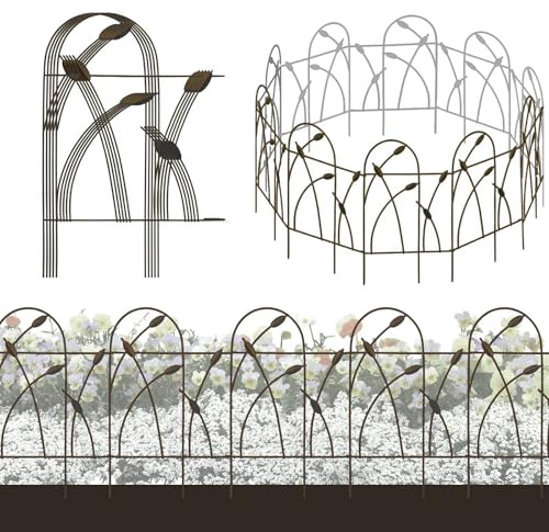Thealyn Metal Decorative Garden Fence Border, 32 in x 16 ft,Rustproof Wrought Iron Landscape Fencing for Flower Bed, Trees (Dark Brown)