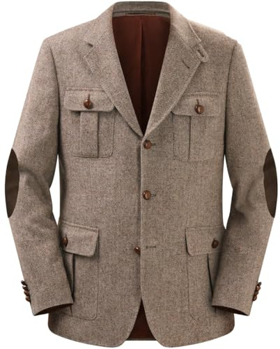 RAJEGAR Veste en tweed à carreaux pour homme – Blazer sport à simple boutonnage, coupe ajustée en laine mélangée – Manteau britannique vintage décontracté et chaud, kaki, 3XL