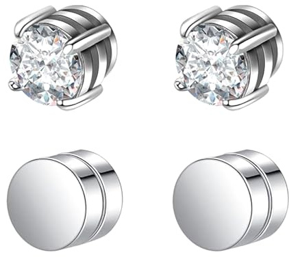 QZKJQDD 2 Pairs Magnetic Earrings for Men Women, Non-Pierced Magnetic Stud Earrings, Clip on Earrings Women Men Girls Boys, Mens Silver Black Stainless Steel Decorated with Zircons (silver)