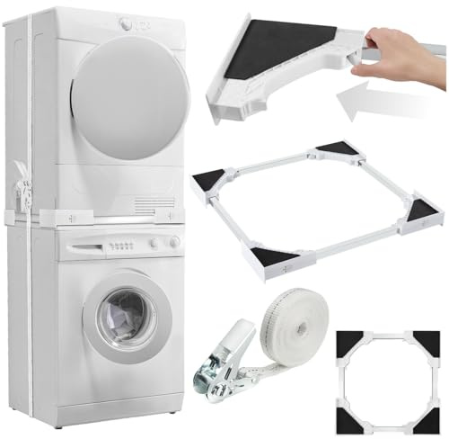 tectake® Universal Stacking Kit for Washer and Dryer, 46-66 cm Adjustable Frame, Tumble Dryer and Washing Machine Stacker, Incl. Ratchet Rope & Foam Pads, Washer Dryer Stacking Kit, Easy Installation