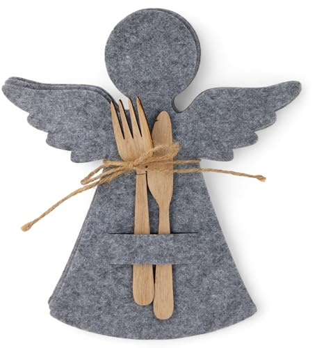 MIJOMA Besteckhalter Engel 4er Set aus Filz – Tischdeko Weihnachten – Platz für Besteck – 20x22 cm – Jute-Kordel – Dekorativer Besteckhalter für festliche Tafel (Grau)