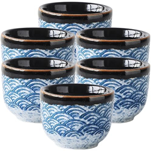 MUELODSIC 6 Tazas de Té de Cerámica Japonesa Estilo Tradicional, Diseño Azul Marino Ondulado, Tamaño Compacto, Accesorio Adecuado para Uso Diario Hogar y Oficina