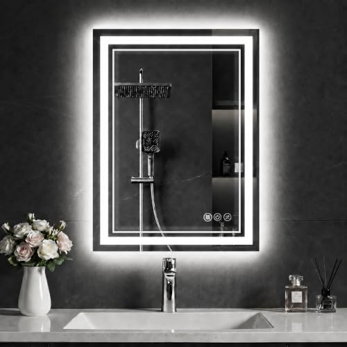 Badspiegel mit Beleuchtung 50x70cm LED Spiegel Badezimmerspiegel Rechteckig | Beschlagfrei Badspiegel, Touch Schalter Speicherfunktion, Dimmbar, 3 Lichtfarben Badezimmer Wandspiegel Vertikal/Horizontal