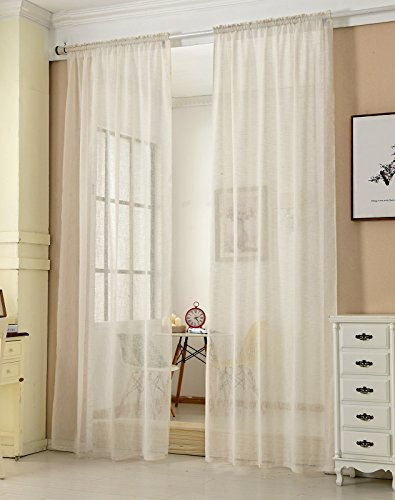 WOLTU 2er Set Gardinen, Vorhänge für Wohnzimmer Kinderzimmer Schlafzimmer, mit Kräuselband, Leinenoptik, Halbtransparent Voile, 140 x 225 cm, Creme