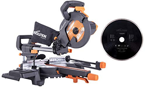 Evolution Power Tools R210SMS-300+ Multi-Material Sliding Mitre Saw, 210 mm, (110 V) with 210 mm Diamond blade