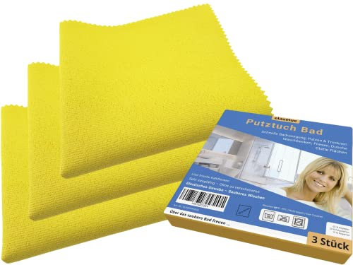 elauelue Putztuch Bad - Löst frische Kalkflecken ohne Badreiniger - Tuch fürs Badezimmer - Putzlappen für Badreinigung, WC und Dusche putzen - Lappen 36x34 cm - 3 Badreinigungstücher - Gelb