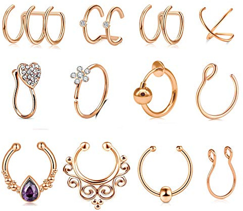 Mayhoop 12 st falsk näsa öronpiercing kirurgiskt stål roséguld zirkon farmor genomborrad näsring öra näsa cirkel brosk helix smycken piercing