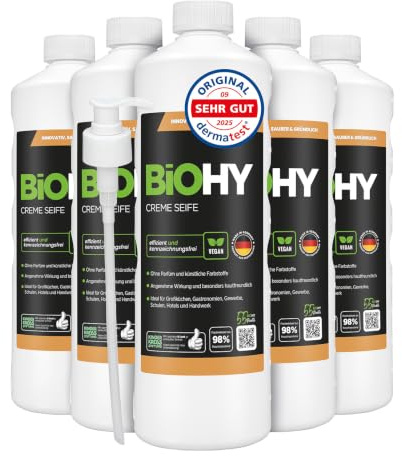BiOHY Creme Seife (6 x 1L) + Pumpspender | Küche & Haushalt | Handhygiene & Handreinigung | entfernt Fett & Lebensmittelrückstände | geruchsneutral | ohne Parfüm & Farbstoffe | phosphatfrei