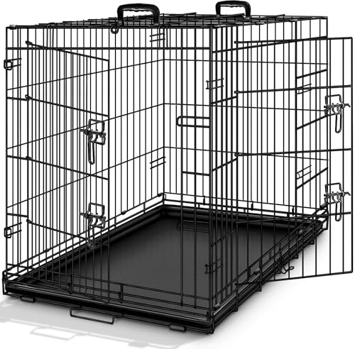 TRESKO Hundekäfig 122 x 74,5 x 80,5 cm faltbar mit 2 Türen | Transportkäfig Auto | Hundebox mit Bodenschale | Transportbox Drahtkäfig