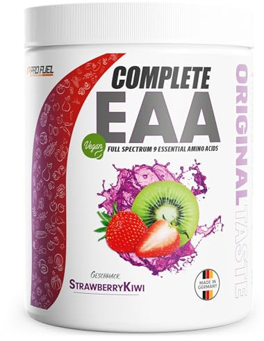 EAA Pulver 500g ERDBEERE KIWI - 12.500mg essentielle Aminosäuren - unglaublich lecker & erfrischend - COMPLETE EAA mit allen 9 EAAs inkl. Histidin - EAA vegan Aminosäuren Pulver - Amino Workout Drink