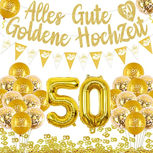 Cheereveal 50. Goldene Hochzeit Deko Set, Alles Gute zur Goldene Hochzeit Banner Luftballons Girlande, Gold 50 Konfetti, Hochzeitsjubiläum Feier Party Dekorationen Zubehör
