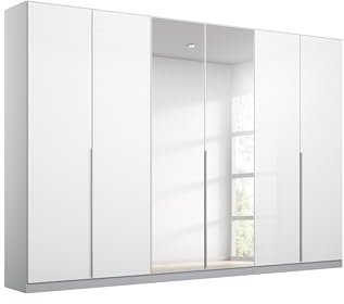 Rauch Möbel Alabama, Schrank, Farbe Hochglanz Weiß/Seidengrau, Breite 271cm | Kleiderschrank, 6-türig, mit Spiegel, Zubehör Basic, für Schlafzimmer, Kinderzimmer, Ankleidezimmer, Garderobe, Flur