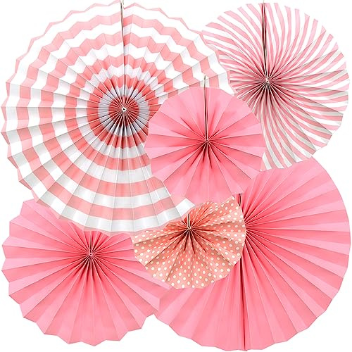 Hocansen 6 Stück Papierfächer Deko 20/30/40cm Hängende Papier Fächer Dekoration Runde Gestreifte Papierfächer für Party, Geburtstag, Festival (Rosa/ZS)