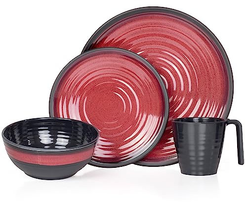 Camping Geschirr Set 1 Person 4-teilig | Melamin | Picknick Geschirrset | Campinggeschirr Stone Red Design