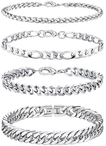 SHOWHEEL 4 Stück Armband Herren Silber,Armkette Herren,Edelstahl,Länge 19 cm,Breite 4mm/7mm/8mm/8mm,Kubanische Armband,Hip-Hop Style,Modeschmuck,Geschenke für Männer Papa Sohn Bruder Ehemann