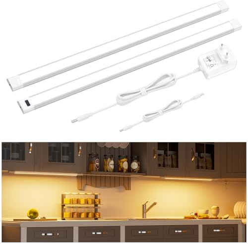WOBANE Luz Led Cocina Bajo Mueble 120 cm, Regulable Barra Luz Armario con Sensor sin Contacto 2*60cm, Luces Cocina Debajo Mueble con Enchufe 24V, Luz Led Adhesiva para Estanteria, Blanco Cálido 2700K