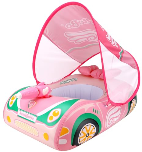 Swimbobo Flotteur de piscine gonflable en voiture pour bébé avec auvent réglable et siège de sécurité pour enfants (voiture rose verte)