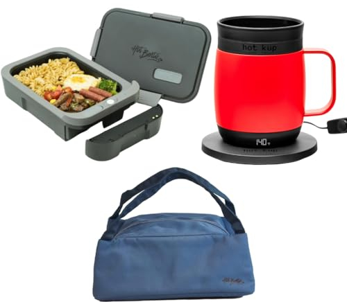 Hot Bento Plus & Kup - Paquete de regalo con bolsa aislada, lonchera autocalentada y taza de café calentada, extraíble, funciona con pilas, portátil, comidas calientes y bebidas para oficina, viajes