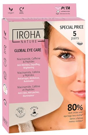 IROHA NATURE - AUGEN-PATCHES Anti-Aging | 5 Paar | Niacinamid, Koffein und Peptide, Hyaluronsäure, 95 % natürlichen Ursprungs, vegan, biologisch abbaubar