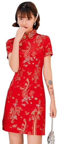 ZNLFS Cheongsam klänning bodycon mandarin krage kortärmad smal passform sidoslits blommönster drake mini Qipao, Röd drake, 38