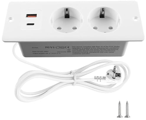 GOEDCH PD20W Tischplatte Versenkte Steckdose: 4 in 1 Einbau Steckdosenleiste mit 1,5m Verlängerungskabe,2 Fach Einbausteckdose mit 1 Type-C und 1 USB A, Mehrfachsteckdose für Büro, Hause (Weiß)