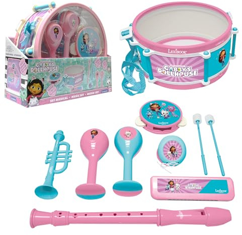 Lexibook, La casa delle bambole di Gabby, Set di 7 strumenti musicali (tamburo, maracas, nacchera, armonica, flauto, tromba, tamburello), giocattolo musicale, comodo da trasportare, rosa/blu, K360GDH