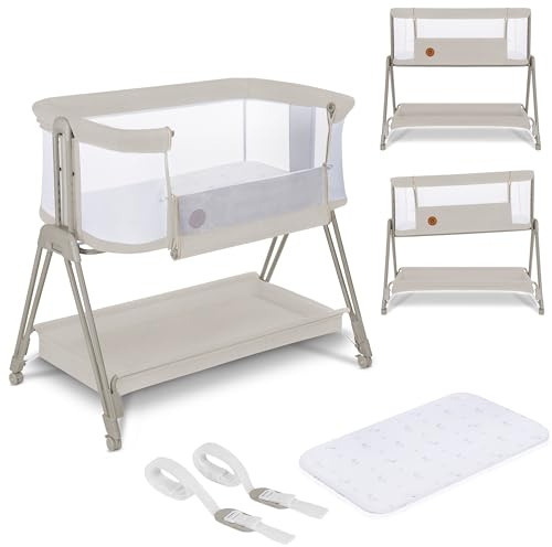 lionelo Luna 2in1 Bedside Crib for babies from Birth to 9kg with Adjustable Height & Incline 4 Lockable Wheels Portable Baby Co-Sleeper Breathable Mesh Washable Mattress & Cover Basket
