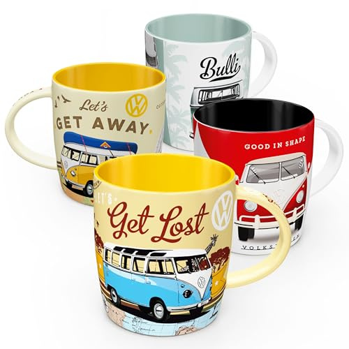Nostalgic-Art Retro Kaffeebecher (4er-Set), 330 ml, VW Bulli Set 3 – Volkswagen Bus Geschenk-Idee, Original Lizenzprodukt (OLP), Keramik-Tasse für Kaffee, Vintage Design | Original Volkswagen Lizenzprodukt (OLP), Keramik-Tasse für Kaffee, Vintage Design, Geschenk-Idee für VW Bus Fans