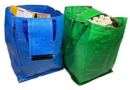A&A Supplies UK Recycling Bags 47L (Set of 2) – Green, Blue, or Mixed – Heavy-Duty Laminated Woven Fabric – Paper, Glass Recycling – Top Flap, Handles, Tip Strap – Wipe-Clean (Green, 2 Bags)