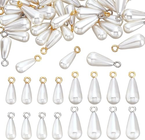 AHANDMAKER 60Pcs Teardrop Pearl Pendants, 16x5.5/19x7.5mm ABS Plastic Pearl Water Drop Charms, Teardrop Imitation Pearl Bead Charms with Alloy Loops for Earring Necklace Bracelet DIY Jewelry Making
