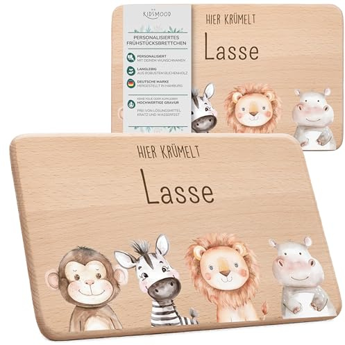 KIDSMOOD - Schneidebrett Holz, Frühstücksbrettchen mit Name, Geschenkidee für Kinder, Baby, Männer & Frauen, Holzbrett Küche für Brotzeit & Frühstück - umweltfreundlicher Druck - Savanne-Tiere