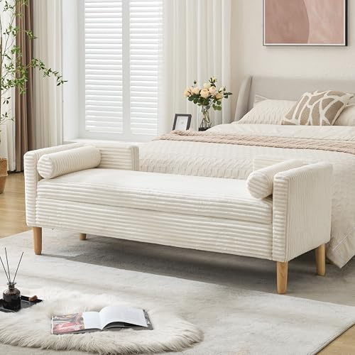 Aoiy & Wifon 65.35 W End of Bed Bench King Size, Upholstered Large Storage Ottoman Bench with Bolster Pillows & Armrest, Window Seat Bench for Living Room Bedroom, Corduroy, Ivory