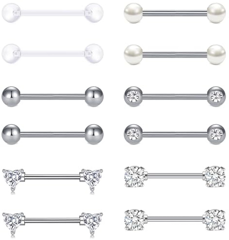 AVYRING 6 Pairs Stainless Steel Nipple Bars - 14G 16mm Straight Barbell with Heart & Round Cubic Zirconia, Tongue Piercing Jewelry for Women Men, Silver