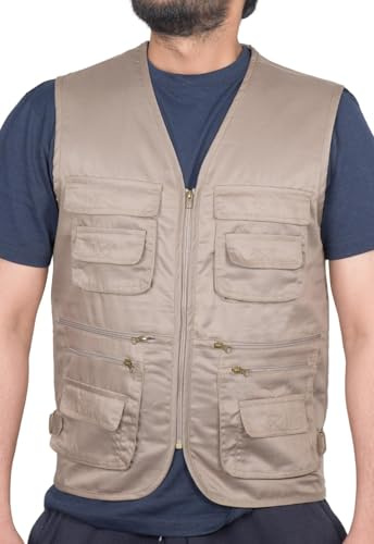 Gaffer Men’s Vest Multi-Pocket Lightweight Utility Gilet for Fishing, Travel, Safari & Outdoor Adventures, Breathable & Durable Waistcoat with Zipper Closure, Work & Casual Wear Beige - BG670 L
