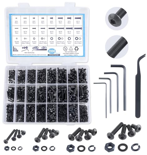 SPEEDWOX Sortiment mit metrischen Schrauben, 2000 Stück, Set mit metrischen Schrauben, M2, M3, M4, M5, 4 mm-20 mm, mit Schloss und Unterlegscheiben, Sechskant-Knopfkopf, Klasse 10,9, Set mit Muttern