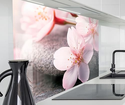 Küchenrückwand Glasoptik | 60 x 40 cm Rosa Kirschblüten auf Stein, Wellness, Beauty | Acryl Glas 2mm | Spritzschutz Wand für Herd, Küche Glasrückwand Acrylglas Wandpaneele Rückwandschutz Platte