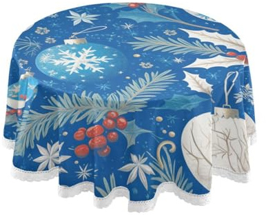 Tovaglia rotonda in tessuto blu e bianco con agrifoglio e campana, lavabile, all'uncinetto, tovaglia protettiva per comedor Home Decor