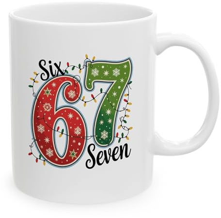 IVISION LEARNING LTD Six Seven 67 Trend Christmas White Mugs, 11oz 15oz Drinking Cups, Winter Seasonal Gifts